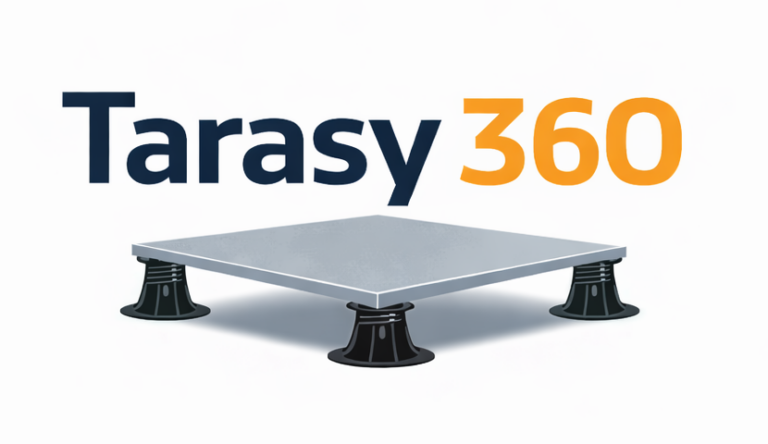 Logo Tarasy360 z grafiką płyty tarasowej osadzonej na regulowanych wspornikach systemowych